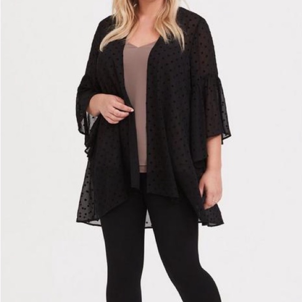 Torrid black chiffon polka dot open front midi kimono sweater top blouse